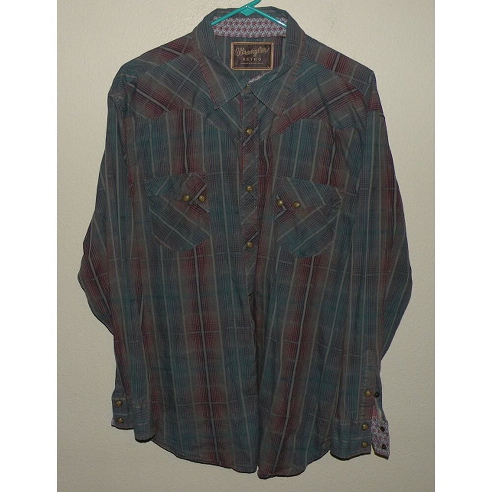 Wrangler Retro Men’s XXL (XL) LS Snap Western Shirt Blue Striped Contrast Cuffs
